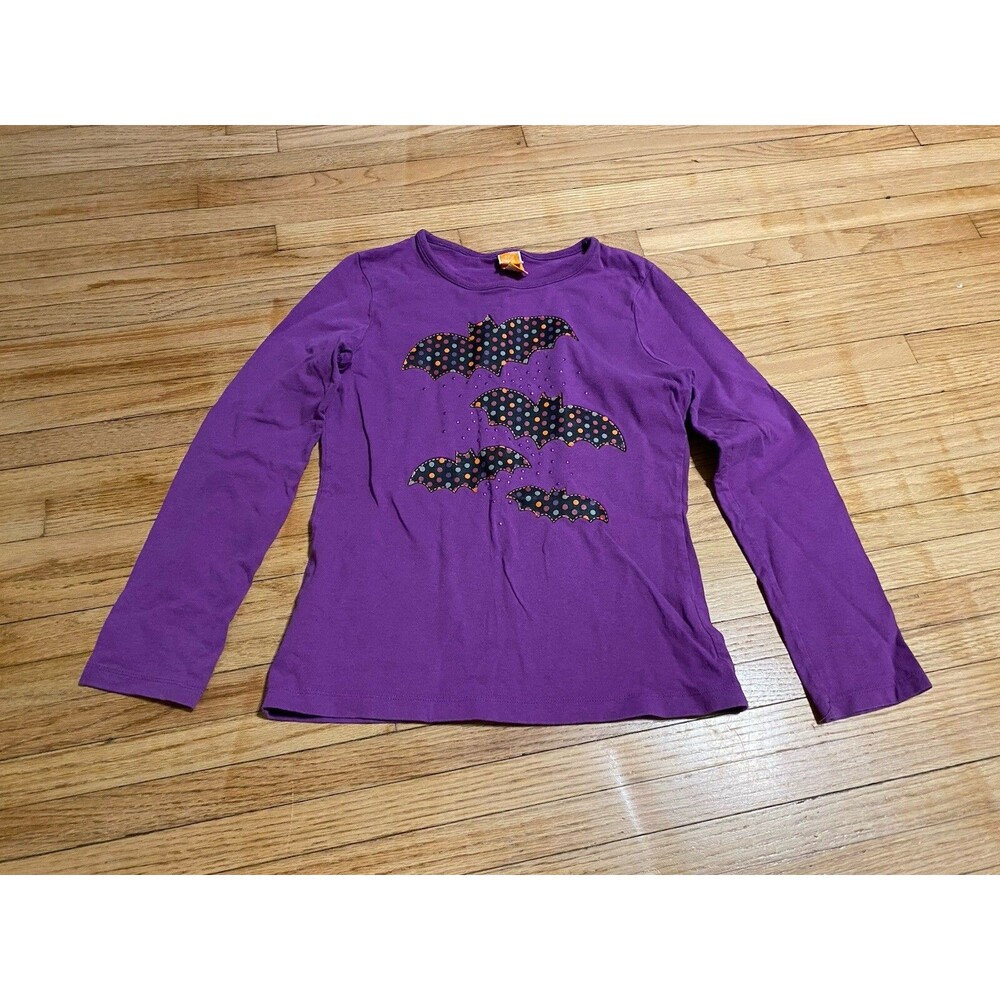 Girl 10-12 Purple Polka Dot Bat Halloween King Sleeve T-shirt